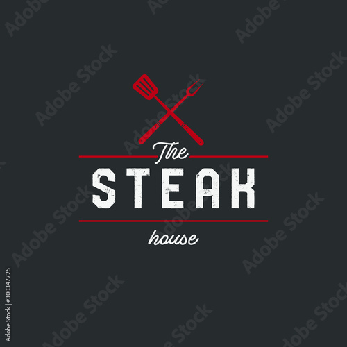 Steak house set logo with grill, steak, knife, meat, wine and beer. A restaurant. Steak cafe. Vector illustration.
