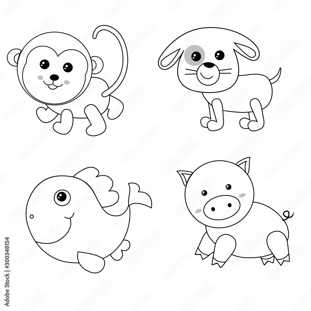 Animal Face Outline Set. funny animals: Monkey, dog, big fish, pig. Stock Vector | Adobe Stock Animal Face Outline Set. funny animals: Monkey, dog, big fish, pig. Stock Vector | Adobe Stock