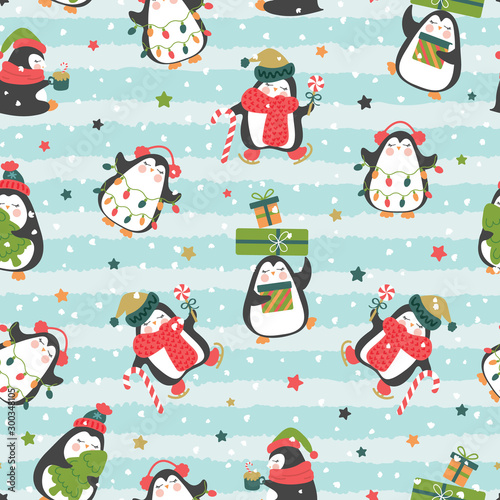 Christmas seamless pattern with cute penguins on line stripe background with colorful stars. Design for surface, textile, fabric, wallpaper, wrapping, giftwrap, paper, scrapbook and packaging.