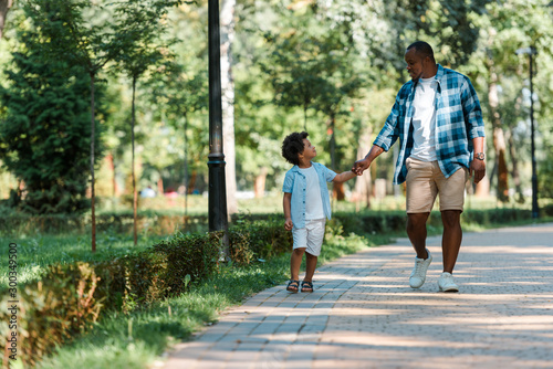 Fototapeta Naklejka Na Ścianę i Meble -  happy african american kid holding hands with handsome father while walking in park