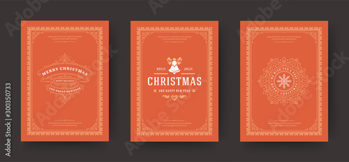 Christmas greeting cards set vintage typographic design, ornate decoration symbols with winter holidays wishes