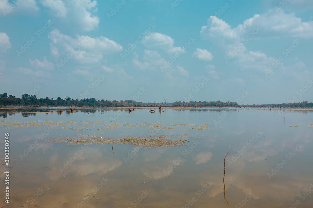 Lake with old trees sticking out of the water in Cambodia near ancient Angkor Wat Temple Ruin Complex Lake with old trees sticking out of the water in Cambodia near ancient Angkor Wat Temple Ruin Complex