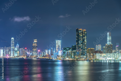 Panorama of Skyline of Victoria Harbor of Hong Kong city at night