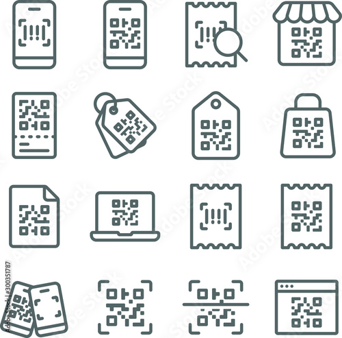QR Code icons set vector illustration. Contains such icon as Mobile scan, Bill payment, QR Label, Barcode, Online Shopping and more. Expanded Stroke