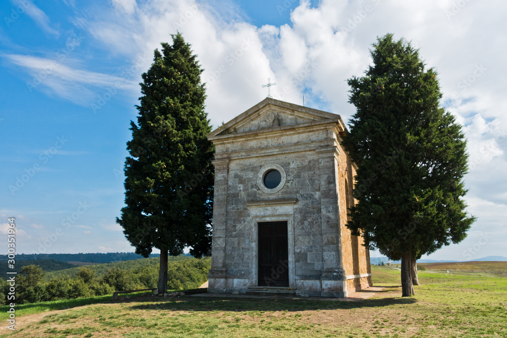 Famous chapel Cappella Madonna di Vitaleta near Pienza, Siena province, Tuscany, Italy