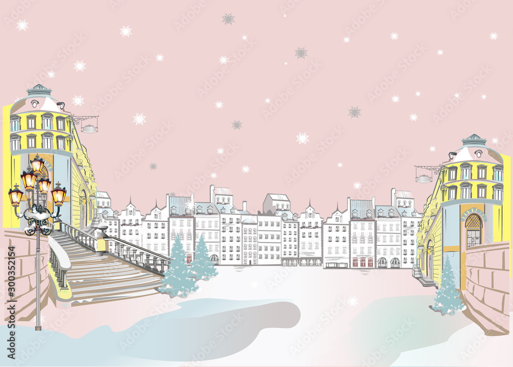 Hand drawn colorful vector Illustration of the romantic street with snowy buildings in winter. Christmas greeting card. 