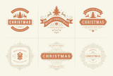 Christmas vector typography ornate labels and badges, happy new year and winter holidays wishes vector illustration