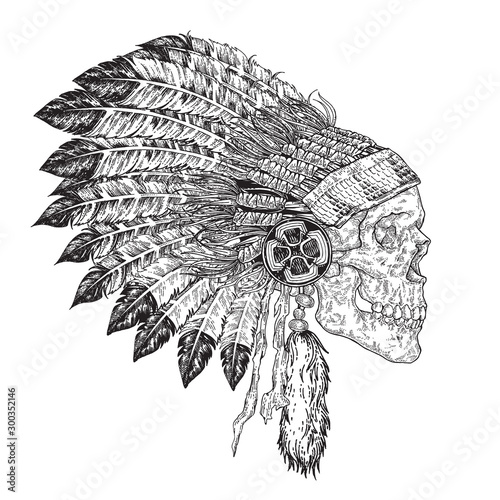 Indian skull in chief headdress hand drawn. Native american theme. Vector illustration vintage. Black and white graphic design.