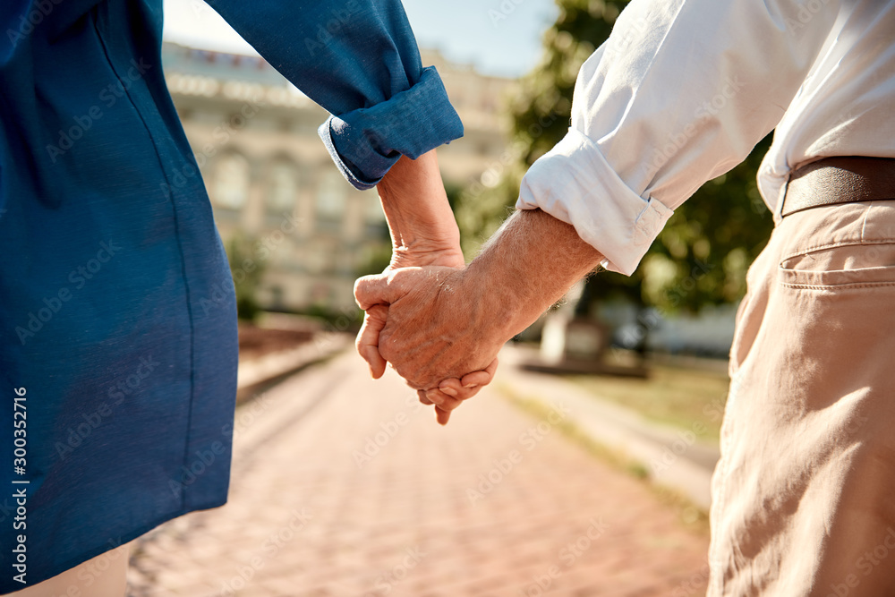 You and me forever. Close-up of elderly couple holding hands while walking together outdoors - obrazy, fototapety, plakaty 