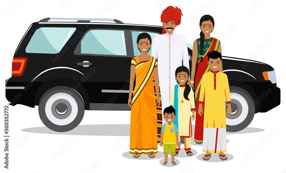 Family and social concept. Indian person generations at different ages. Set of people in traditional national clothes. Father, mother, boy, girl standing together near car. Vector illustration.