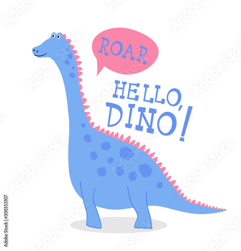 Funny cartoon dinosaur with hand drawn lettering
