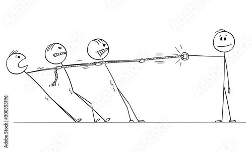 Vector cartoon stick figure drawing conceptual illustration of group of businessmen playing tug-of-war with strong individuality or monopoly.