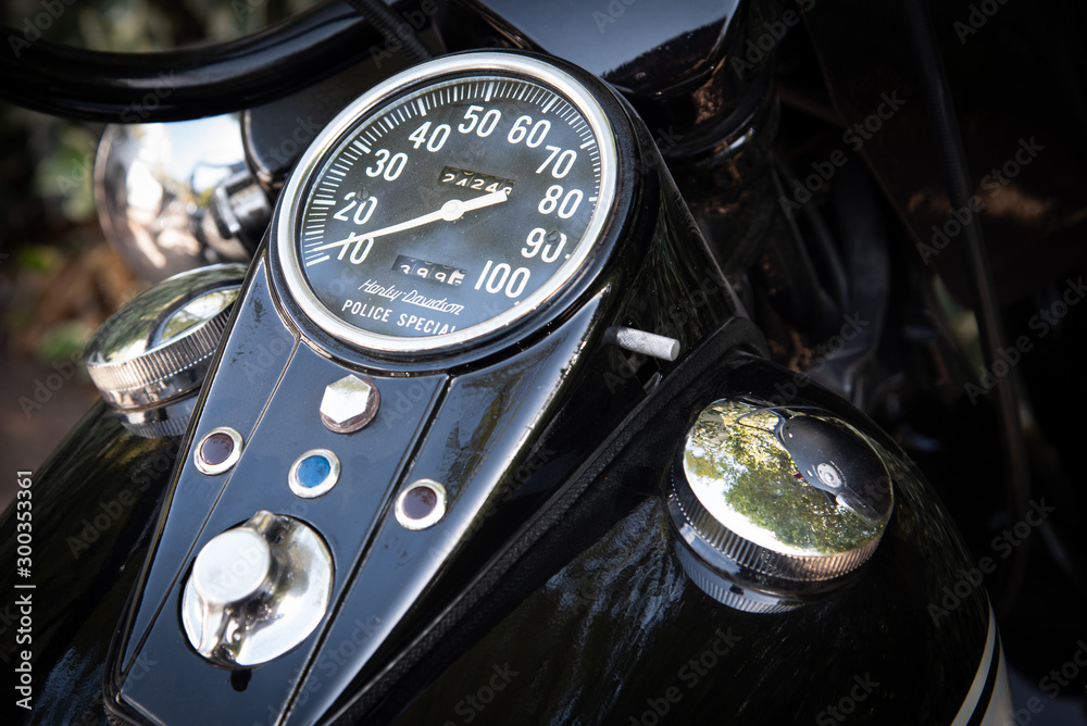 View of Speed indicator and ignition switch of Harley Davidson motorcycle ...