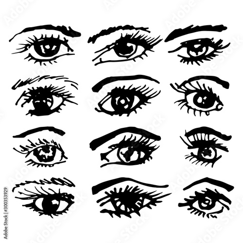 Set with beautiful hand-drawn eyes. 12 different eyes with eyebrows. A woman's gaze. Vector illustration for design and web isolated on white background.