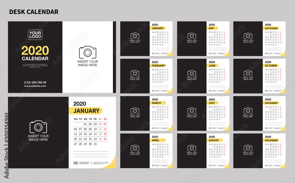 Wall Desk Calendar Template for 2019 Year. Vector Design Print Template, Week starts on Monday