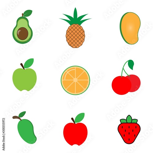 Set of colorful cartoon fruit icons  apple  avocado  orange  strawberry  mango  cherry  pineapple.