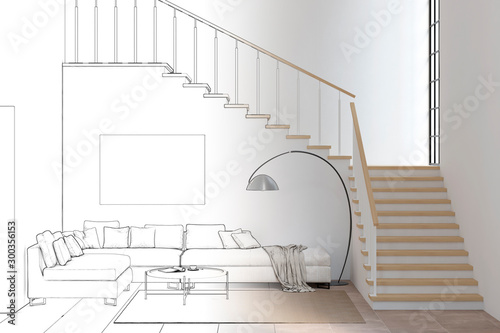 Sketch of modern living room with sofa and stairs became a real interior. 3d illustration photo