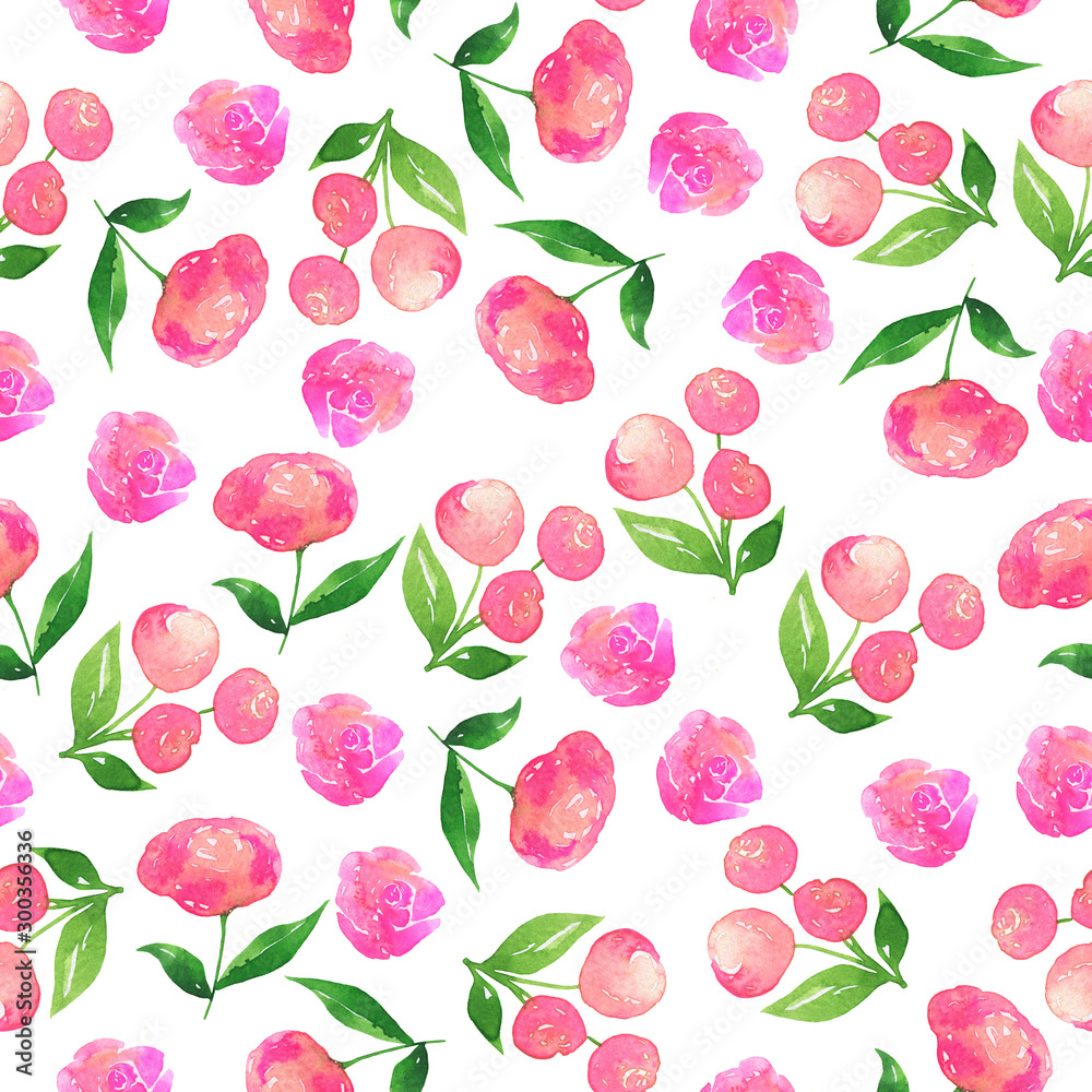 Seamless pattern with tender pink flowers and green leaves on white background. Fabric or wedding design. Hand drawn watercolor illustration.