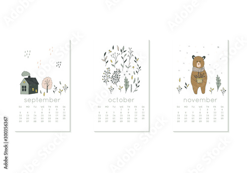Cute design for calendar 2020, autumn months with floral and flower. Week starts on Sunday. Vertical editable calender page template can be used for web, banner, poster and printable graphic