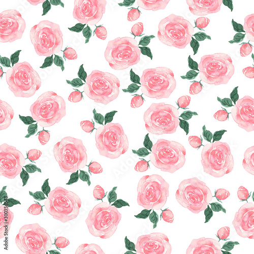Seamless pattern with doodle pink roses and green leaves on white background. Hand drawn watercolor illustration. © angry_red_cat