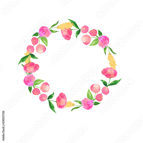 Decorative pink and yellow flower border isolated on white background. Wedding or holiday design. Hand drawn watercolor illustration.