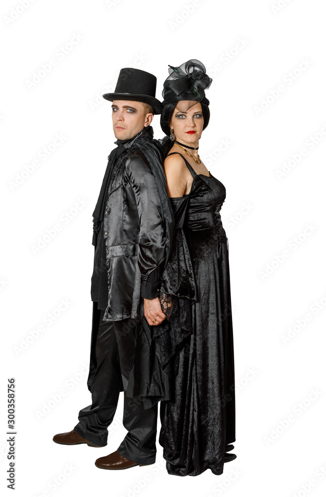 Portrait of a cute couple dressed in old fashioned vampire style clothes Portrait of a cute couple dressed in old fashioned vampire style clothes