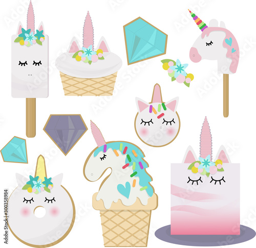 magical unicorn treats. vector illustration. fairy tale characters. themed dessert for a party. flat design
