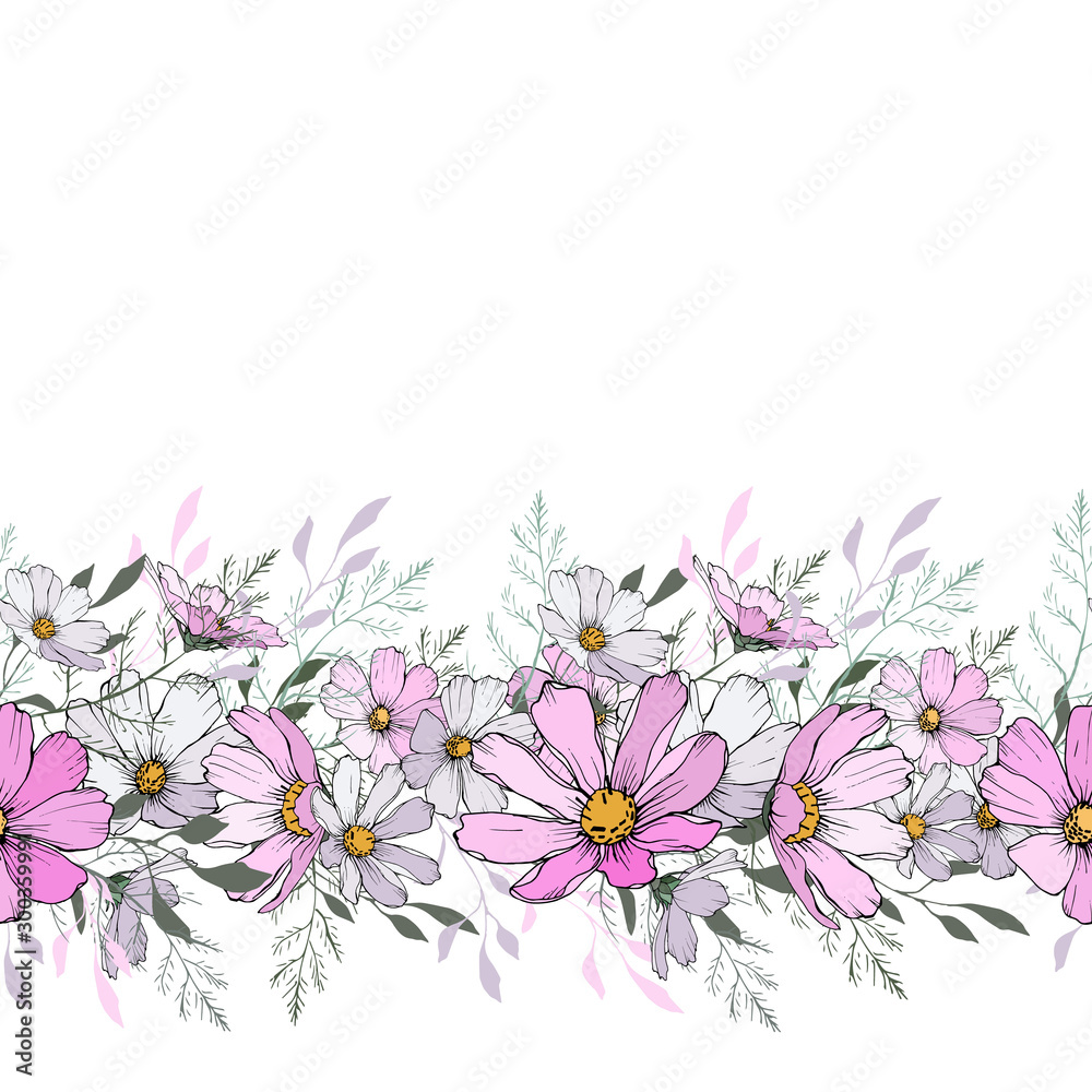 Floral horizontal border with light pink and white cosmos flower and green leaves.Isolated on white.Copy space.Design for your wedding, birthday, saving the date card, greeting card decoration.Vector.