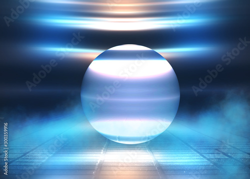A transparent ball with a reflection in the center of an abstract dark background. Smoke, empty scene background