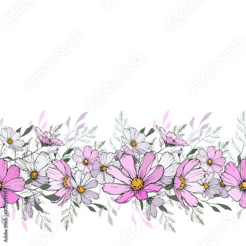 Floral horizontal border with light pink and white cosmos flower and green leaves.Isolated on white.Copy space.Design for your wedding  birthday  saving the date card  greeting card decoration.Vector.