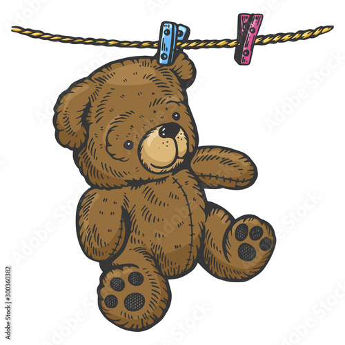 Teddy bear drying on rope sketch engraving vector illustration. Scratch board style imitation. Black and white hand drawn image.