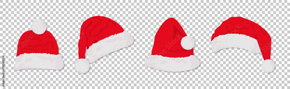 Santa hats red colored set. Winter cap. Vector - obrazy, fototapety, plakaty 