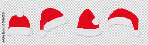 Santa hats red colored set. Winter cap. Vector