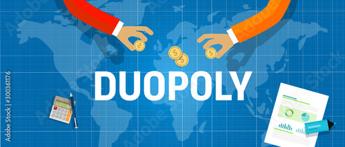 Duopoly concept of two company dominate market share of a product. Market leader generate sales or revenue in business competition.
