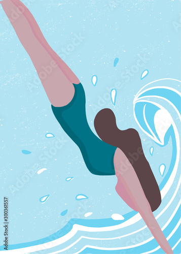 Woman in swimming suit jumping into the water. Flat vector illustration.	