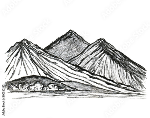 Black-white graphic drawing of charcoal pencil. Mountain landscape, hills and rocks, wild European nature for tourism design, travel, postcard.