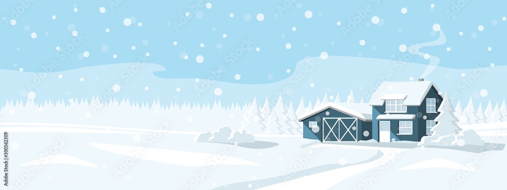 House in a snowy forest. Winter wonderland. Vector banner template - obrazy, fototapety, plakaty 