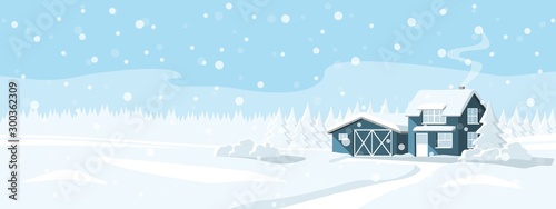 House in a snowy forest. Winter wonderland. Vector banner template