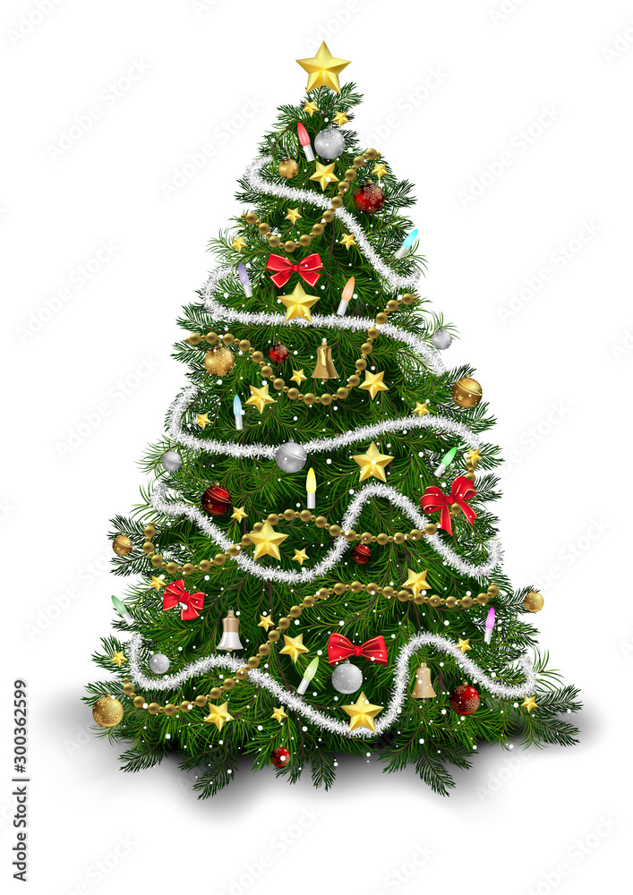 Christmas Tree with Colorful Ornaments Isolated on White Background - Detailed Colored Illustration for Your Merry Christmas Greeting, Vector