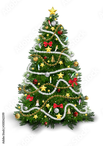 Christmas Tree with Colorful Ornaments Isolated on White Background - Detailed Colored Illustration for Your Merry Christmas Greeting, Vector photo