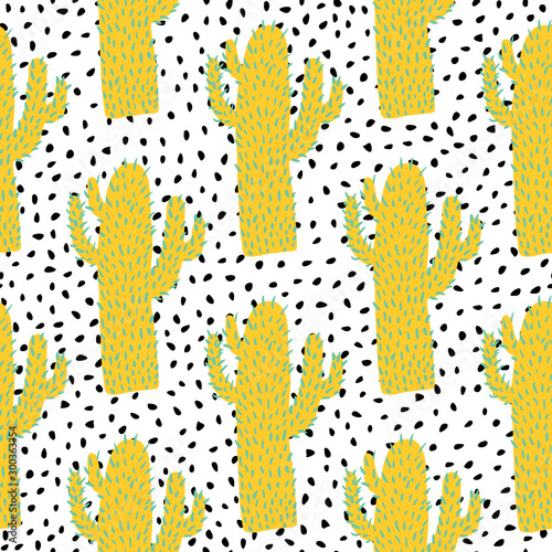Cute cactus seamless pattern on polka dot background. Doodle exotic wallpaper.