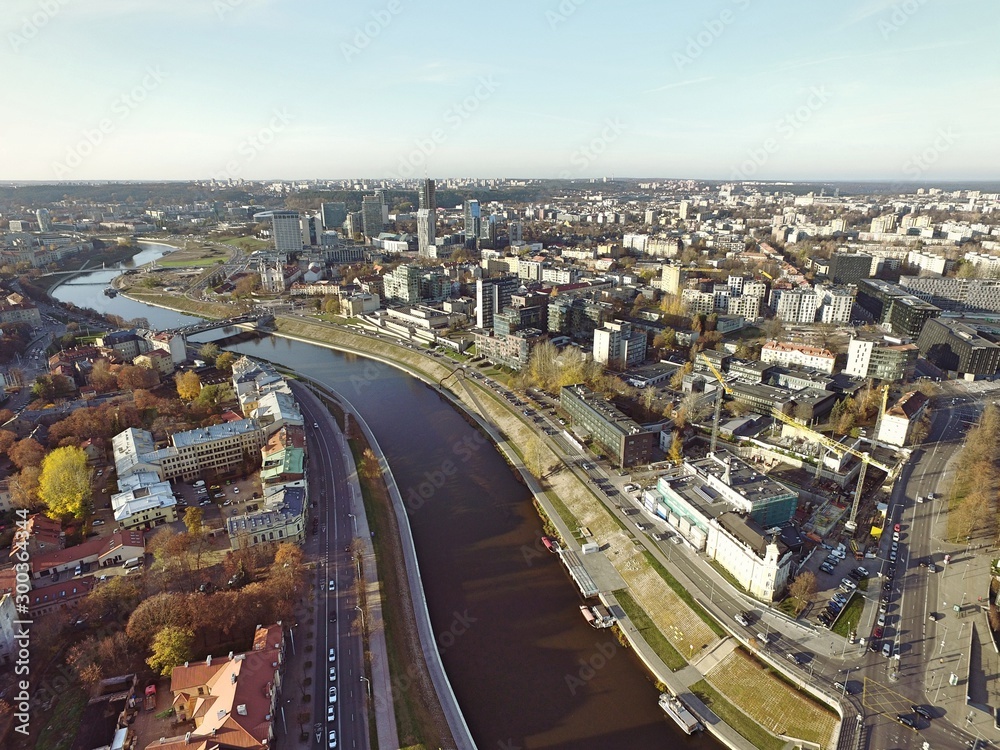 Vilnius river Neris. Drone footage. Vilnius downtown. Lithuania.