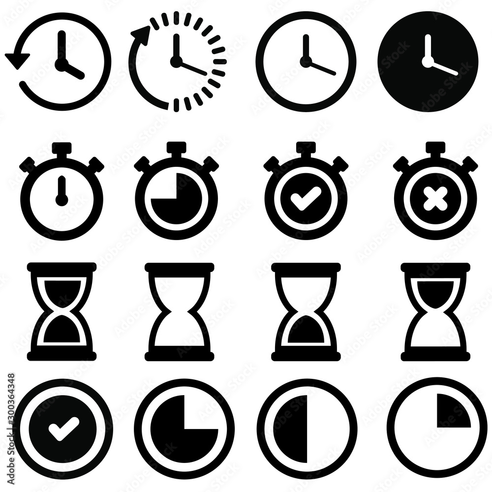Clock vector icon set. Time illustration symbol collection. Hourglass and timer sign or logo. Clock vector icon set. Time illustration symbol collection. Hourglass and timer sign or logo.