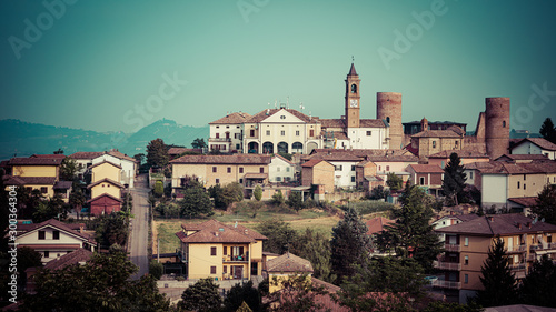 Morning panorama of Castelnuovo Calcea in Piedmont, Italy. Vintage toning