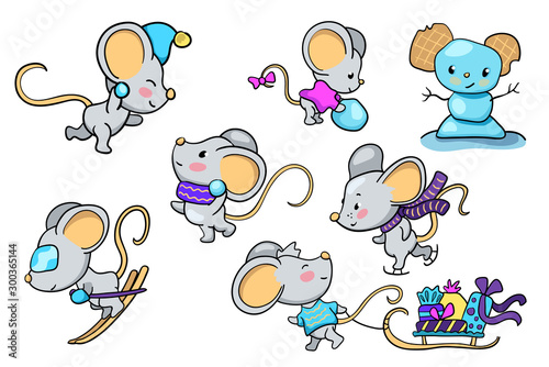 Cute mice making winter outdoor activity. Funny mouse set of vector illustrations on white background. 2020 New Year symbol