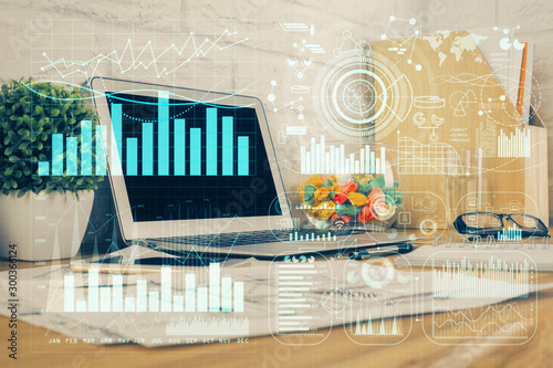 Multi exposure of forex chart and work space with computer. Concept of international online trading.