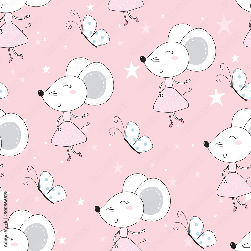 Cute hand drawn doodle mouse seamless pattern