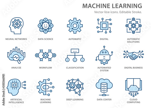 Machine learning line icons set. Vector illustration. Editable stroke.