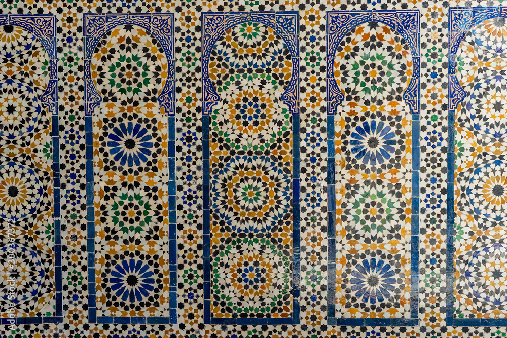 Traditional Moroccan mosaics on the walls of the Palace. Islamic art