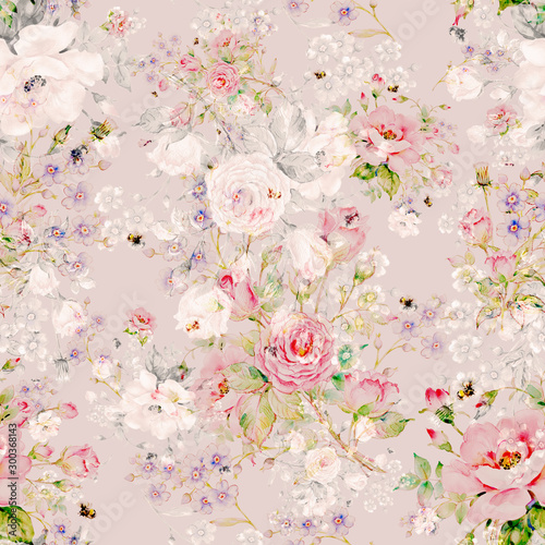 Seamless floral pattern of roses, wildflowers and bumblebees S